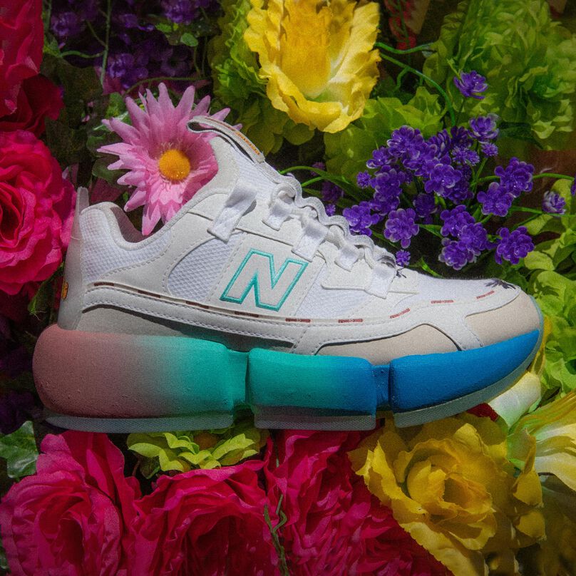 Top-down shot of a white Vision Racer with multiple color accents on a bed of flowers.